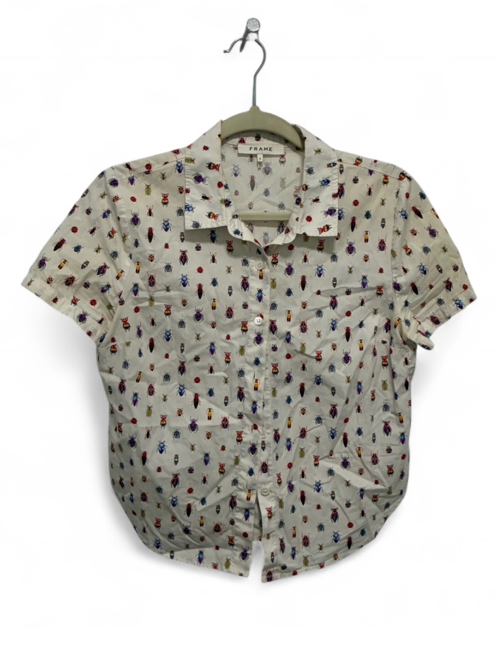 Frame Denim Cream Short-Sleeve Button-Down Shirt with Colorful Bug Insect Print